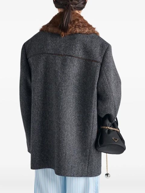 Prada herringbone fur-collar coat - Grey