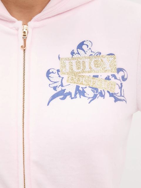 Juicy Couture bluza welurowa Wrap You Up damska kolor różowy z kapturem z nadrukiem JCNAS126451