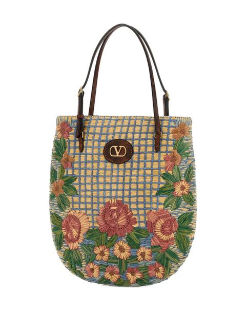 Valentino Garavani embroidered-raffia V-logo shoulder bag - Neutrals