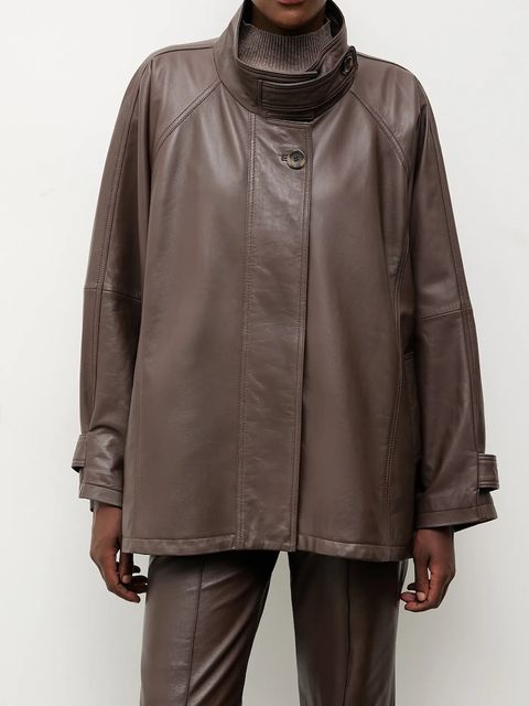 Answear.LAB kurtka skórzana kolor brązowy przejściowa oversize