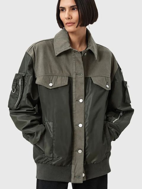 AllSaints kurtka bomber VERITY kolor zielony przejściowa oversize W024OD