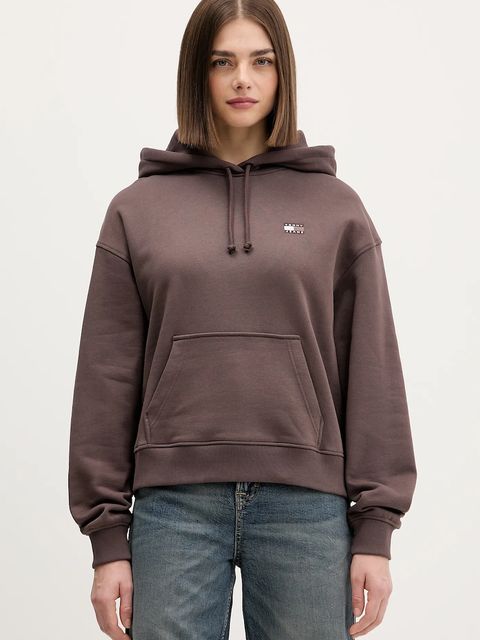 Tommy Jeans bluza bawełniana damska kolor brązowy z kapturem z aplikacją DW0DW19414 - zdjęcie produktu nr 1