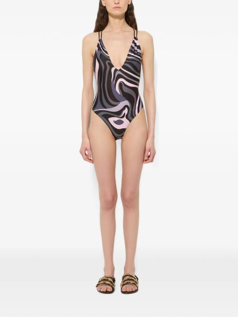 PUCCI Marmo-print cross-back swirl swimsuit - Black