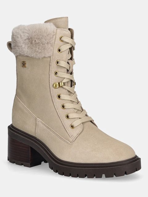 Tommy Hilfiger botki zamszowe TH SHEARLING LACE UP BOOT kolor beżowy na słupku lekko ocieplone FW0FW08999 - zdjęcie produktu nr 1