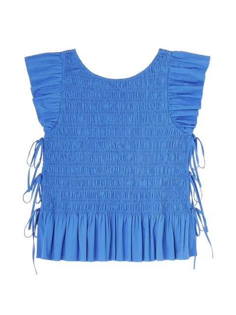 GANNI ruffled-sleeve smocked blouse - Blue