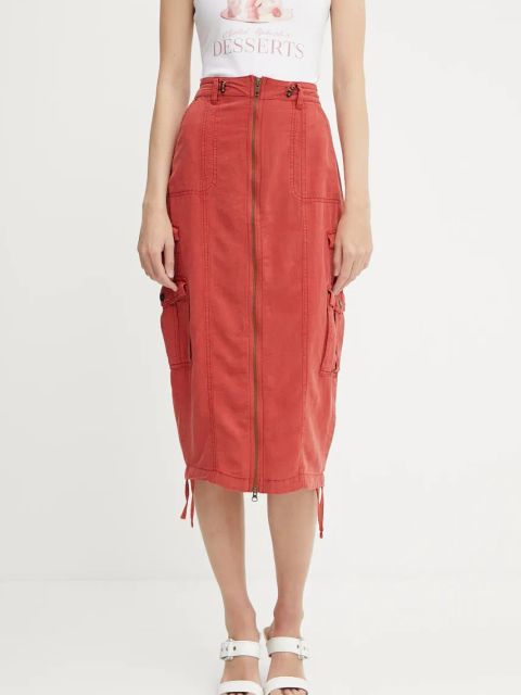 Guess spódnica z domieszką lnu CASEY kolor czerwony midi prosta W5GD1H WG8N0