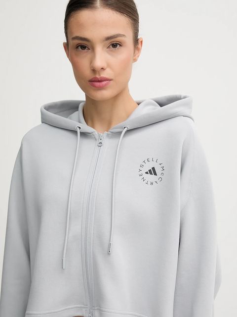 adidas by Stella McCartney bluza treningowa damska kolor szary z kapturem z nadrukiem JW4689