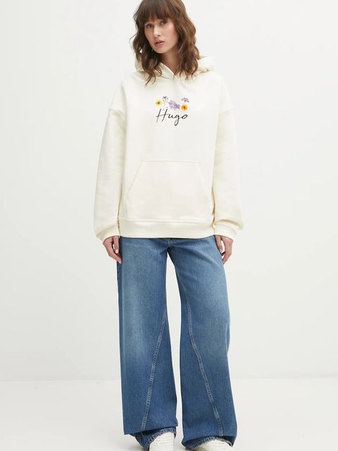 HUGO bluza bawełniana Dalessandra_2 damska kolor beżowy z kapturem z nadrukiem 50555814 - zdjęcie produktu nr 2