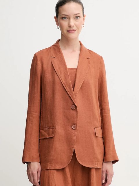 United Colors of Benetton marynarka lniana kolor brązowy jednorzędowa gładka - zdjęcie produktu nr 1