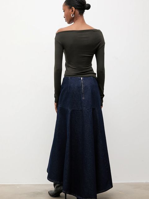 Answear.LAB spódnica jeansowa kolor granatowy maxi rozkloszowana