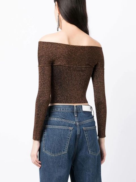 Self-Portrait off-shoulder metallic knitted top - Brown