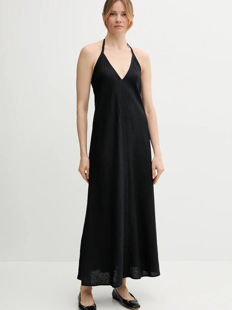 United Colors of Benetton sukienka lniana kolor czarny maxi rozkloszowana 4AGHDV0BF - zdjęcie produktu nr 2