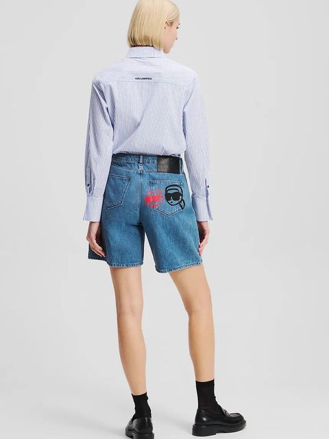 Karl Lagerfeld szorty jeansowe bawełniane IKON damskie kolor niebieski z nadrukiem high waist A2W10151