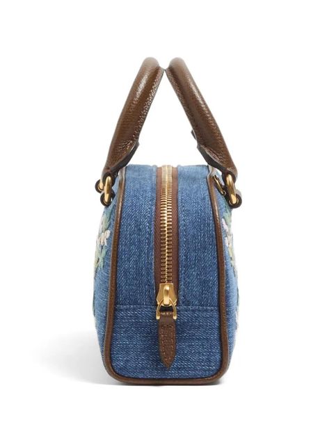 Valentino Garavani Vlogo Signature mini top-handle bag in denim with floral embroidery - Blue
