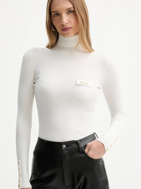 Elisabetta Franchi sweter z dodatkiem jedwabiu damski kolor beżowy lekki z golfem MK11B56E2