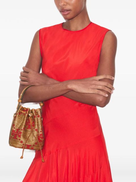 Tory Burch T Monogram straw mini bucket bag - Neutrals