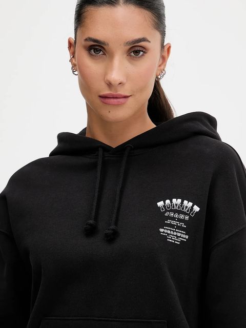 Tommy Jeans bluza bawełniana damska kolor czarny z kapturem z nadrukiem DW0DW21785