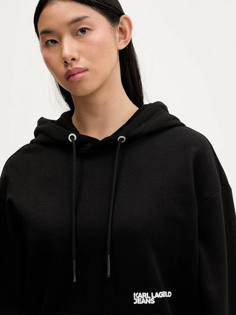 Karl Lagerfeld Jeans bluza bawełniana damska kolor czarny z kapturem z nadrukiem B1W20046
