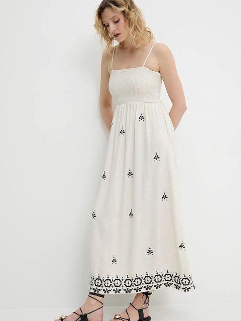 Answear.LAB sukienka z lnem kolor beżowy midi rozkloszowana - zdjęcie produktu nr 2