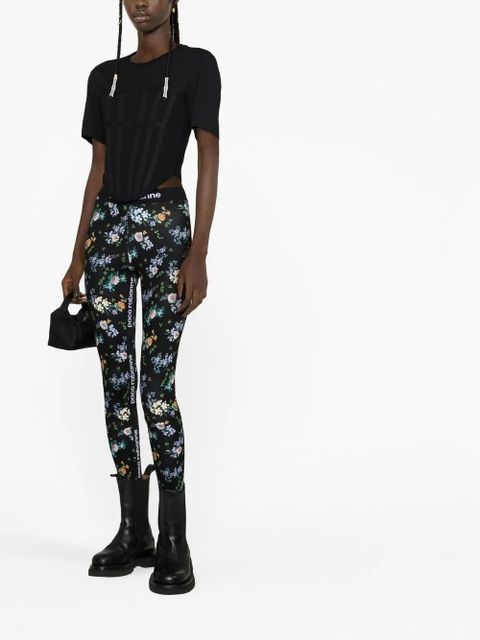 Rabanne logo-waist floral-print leggings - Black