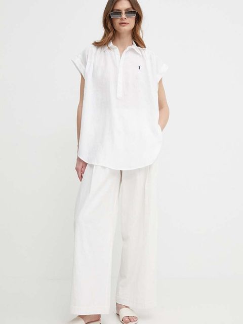 Polo Ralph Lauren bluzka lniana kolor biały gładka 211935131