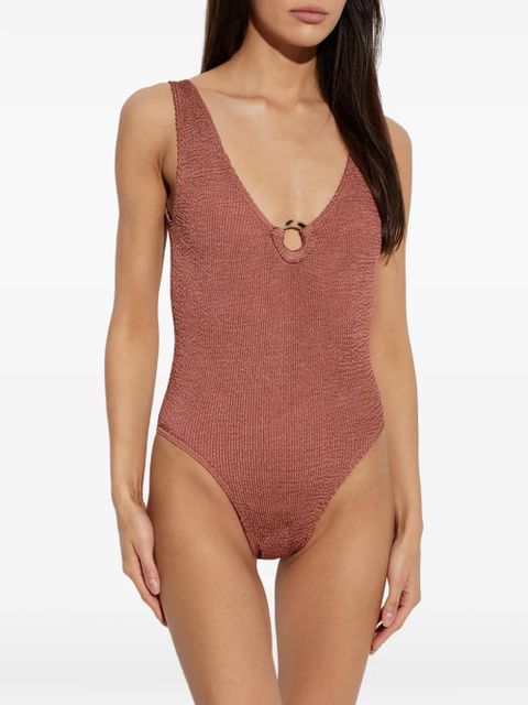 Bond-eye crinkle-texture ring-detail swimsuit - Brown