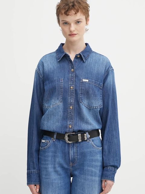 Guess Jeans koszula jeansowa damska kolor granatowy relaxed z kołnierzykiem klasycznym W5YH0D D5M8A - zdjęcie produktu nr 1