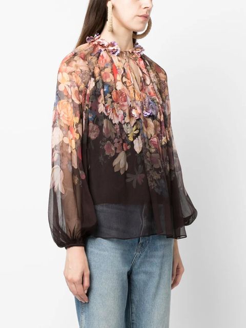 ZIMMERMANN gathered-neck floral-print blouse - Black