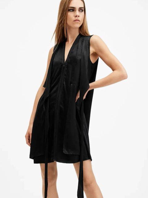 AllSaints sukienka z domieszką jedwabiu JAYDA kolor czarny mini rozkloszowana W278DB