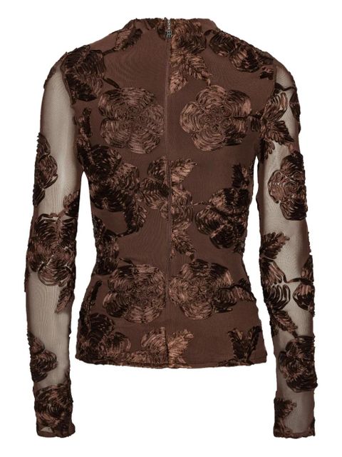 ROTATE BIRGER CHRISTENSEN flower-embellishment mesh long-sleeve top - Brown