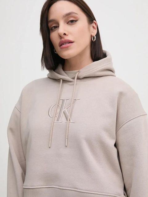 Calvin Klein Jeans bluza damska kolor beżowy z kapturem z aplikacją J20J224718
