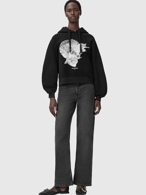 AllSaints bluza z bawełną damska kolor czarny z kapturem z nadrukiem W092JD - zdjęcie produktu nr 2