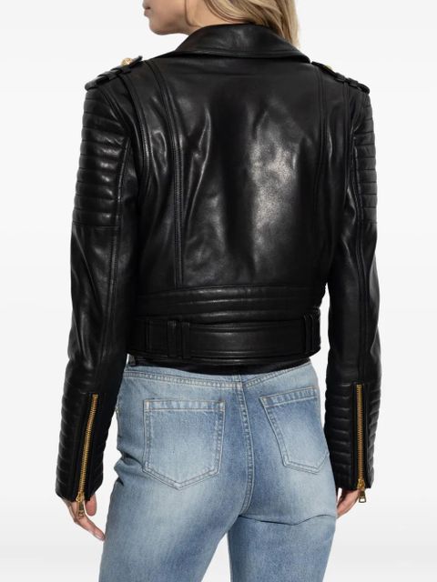 Balmain asymmetrical-zip leather jacket - Black