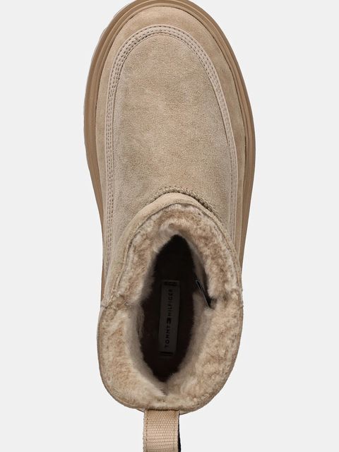 Tommy Hilfiger botki zamszowe REAL SHEARLING PULLON damskie kolor beżowy na płaskim obcasie ocieplone FW0FW08997