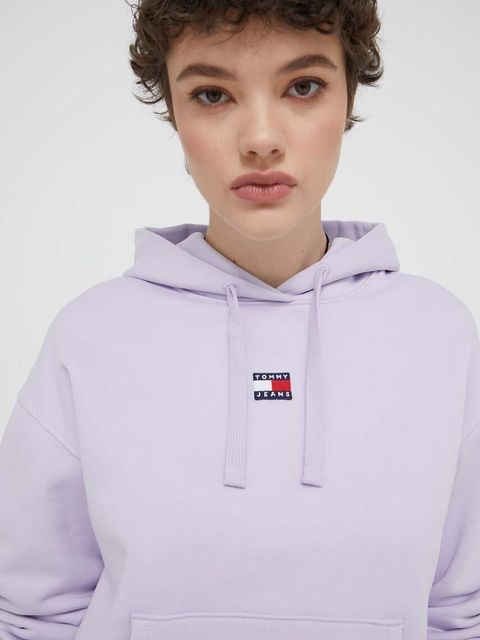 Tommy Jeans bluza bawełniana damska kolor fioletowy z kapturem z aplikacją DW0DW17326