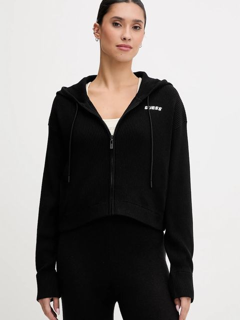 Guess bluza z domieszką wełny FLAMINIA kolor czarny z kapturem gładka V5BR05 Z3JD2 - zdjęcie produktu nr 1