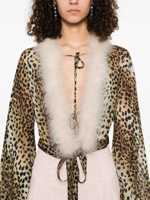Blumarine leopard-print feather-trim blouse - Brown