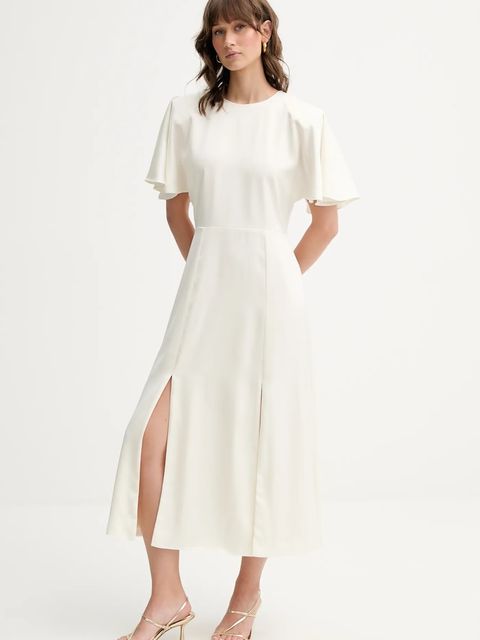 Rotate sukienka kolor beżowy midi rozkloszowana 114661857