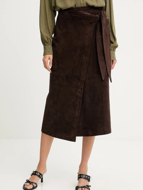 Never Fully Dressed spódnica zamszowa kolor brązowy midi prosta NFDSK724 - zdjęcie produktu nr 1