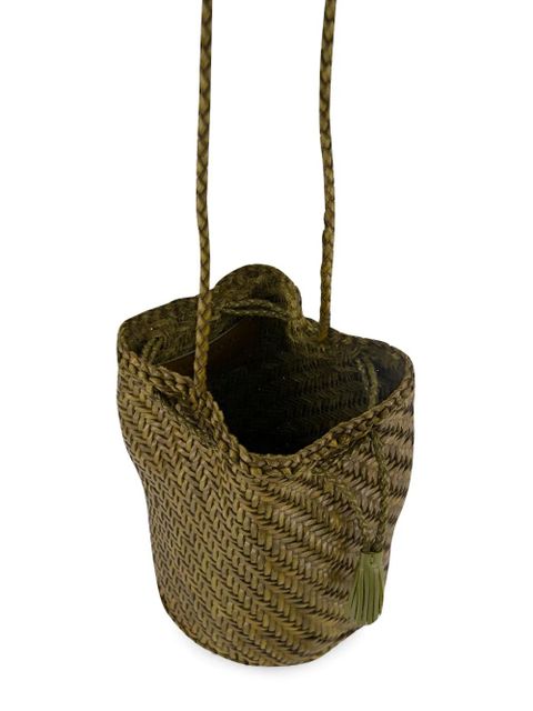 DRAGON DIFFUSION Pompom double jump woven leather shoulder bag - Green