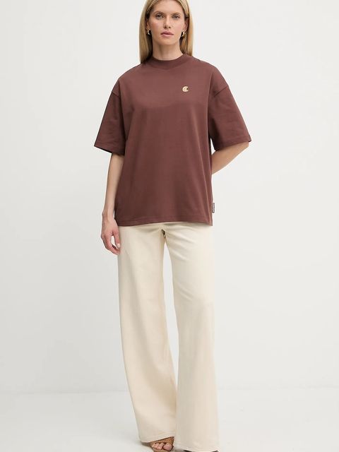 Just Cavalli t-shirt bawełniany damski kolor brązowy 79PAHT06 CJ518