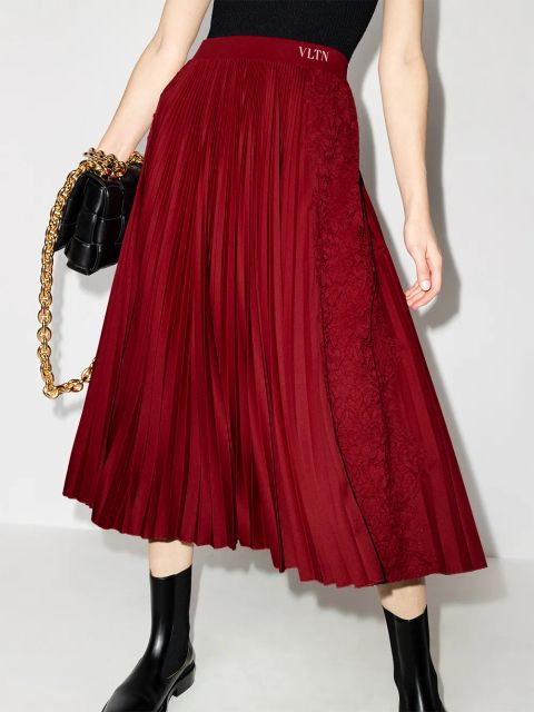 Valentino Garavani floral-lace pleated midi skirt - Red