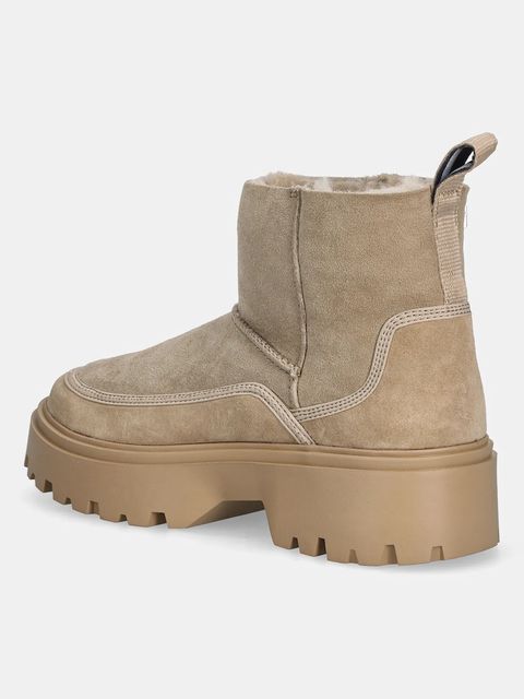 Tommy Hilfiger botki zamszowe REAL SHEARLING PULLON damskie kolor beżowy na płaskim obcasie ocieplone FW0FW08997