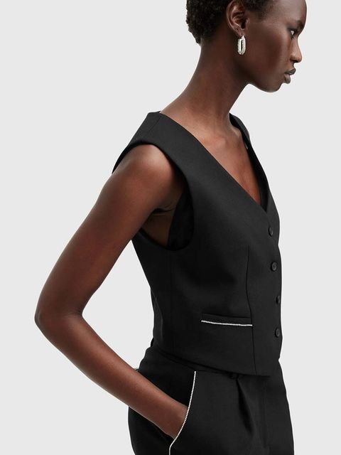 AllSaints kamizelka z domieszką wełny ATLAS KRYS WAISTCOAT kolor czarny jednorzędowa W006QB