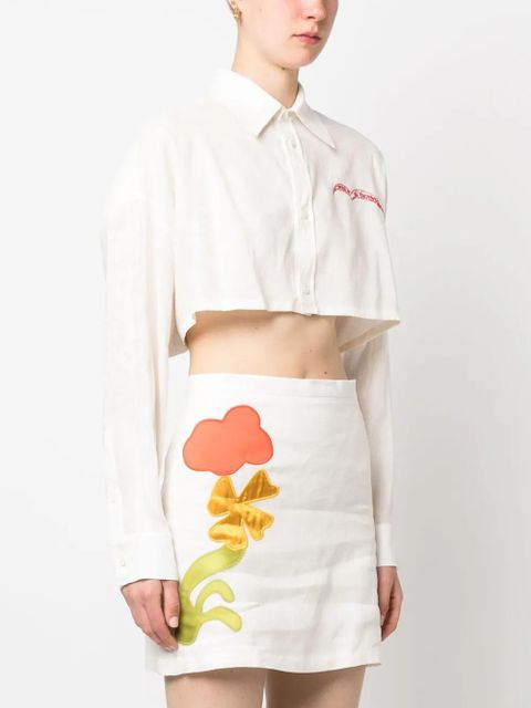Marni slogan-embroidered long-sleeve cropped shirt - Neutrals