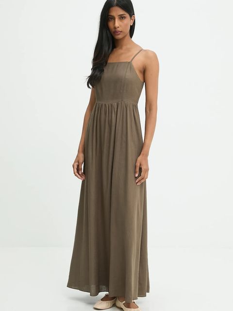 Answear.LAB sukienka z lnem kolor zielony maxi rozkloszowana - zdjęcie produktu nr 1