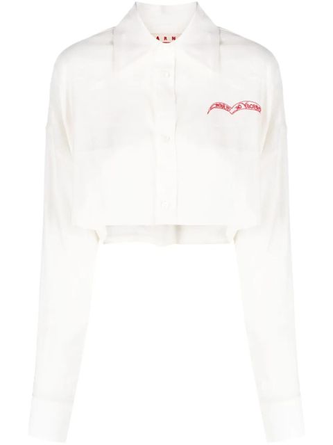 Marni slogan-embroidered long-sleeve cropped shirt - Neutrals - zdjęcie produktu nr 1