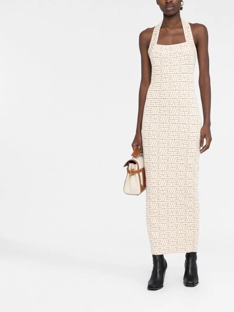 Balmain logo-jacquard halterneck dress - Neutrals