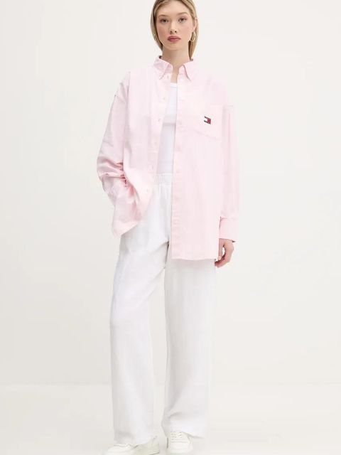Tommy Jeans koszula bawełniana damska kolor różowy relaxed z kołnierzykiem klasycznym DW0DW20289
