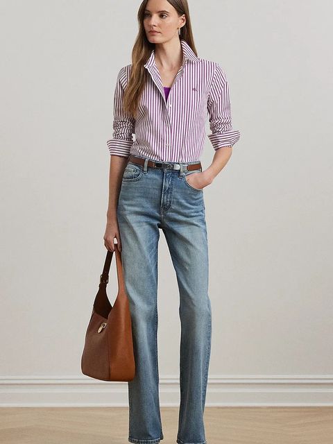 Lauren Ralph Lauren koszula bawełniana damska kolor fioletowy regular z kołnierzykiem klasycznym 200970764